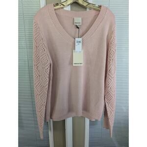 Industry Fashion V Neck Crochet Cutout Knitted Pullover Pink Sweater Size XL NWT